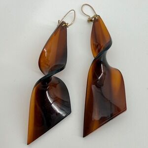 Vintage Tortoiseshell Amber Resin Twisted Spiral Statement Dangle Boho Earrings
